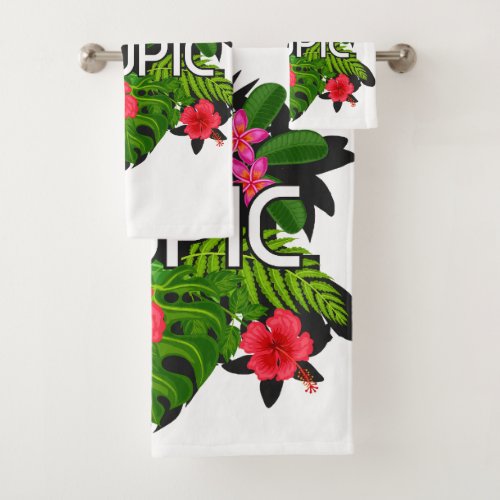 Cute text Hibiscus green pink and white modern Bath Towel Set