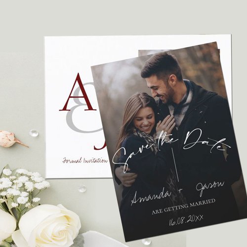 Cute Text Overlay Monogram Two Photo Wedding  Announcement Postcard