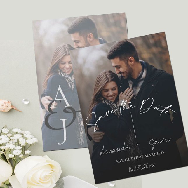 Cute Text Overlay Monogram Two Photo Wedding Save The Date (Creator Uploaded)
