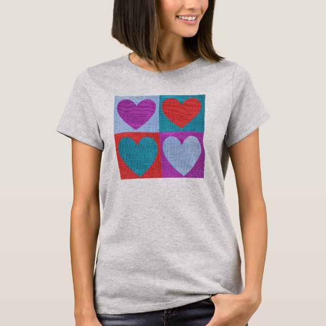 Cute Textile Folk Art Hearts Checked T-Shirt (Front)