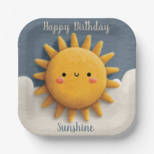 Cute Textured Sun with a Smiling Face and Text Paper Plates