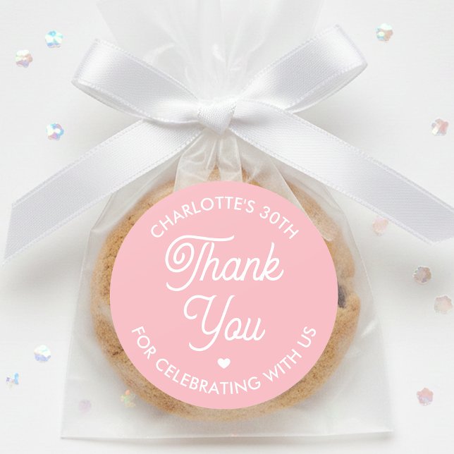 Cute Thank You Birthday Name Any Age Pink Modern Classic Round Sticker (Creator Uploaded)