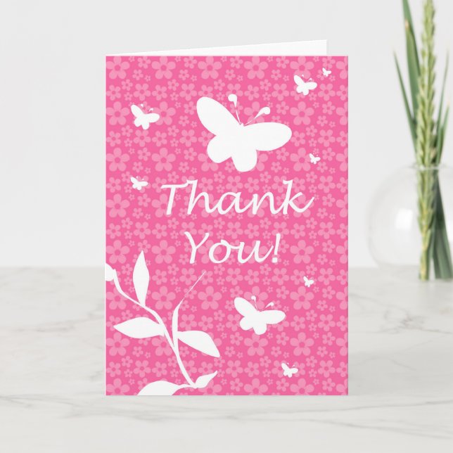 Cute Thank You Card Pink Flowers and Butterflies (Front)