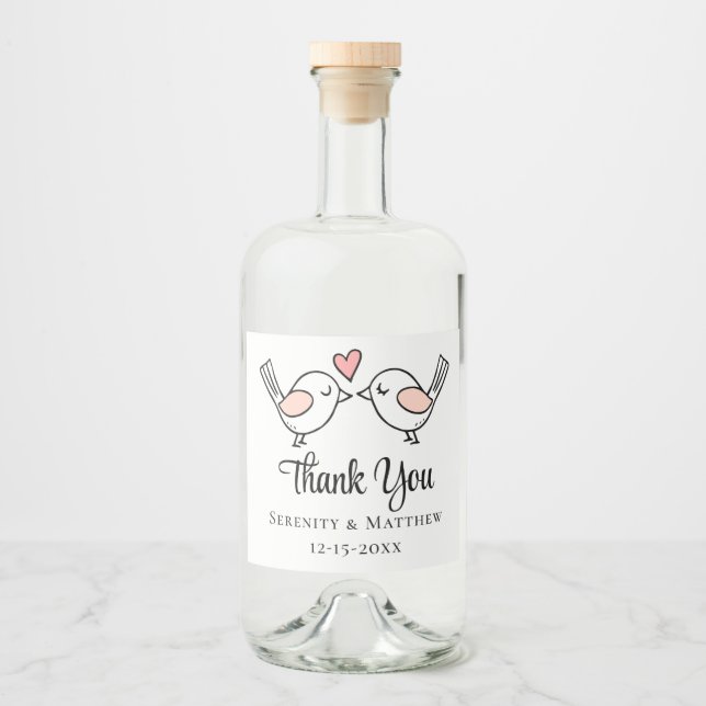 Cute Thank You Love Birds Lovebirds Wedding  Liquor Bottle Label (Front)