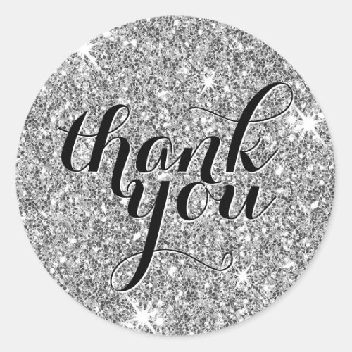 CUTE THANK YOU modern simple glitter silver black Classic Round Sticker