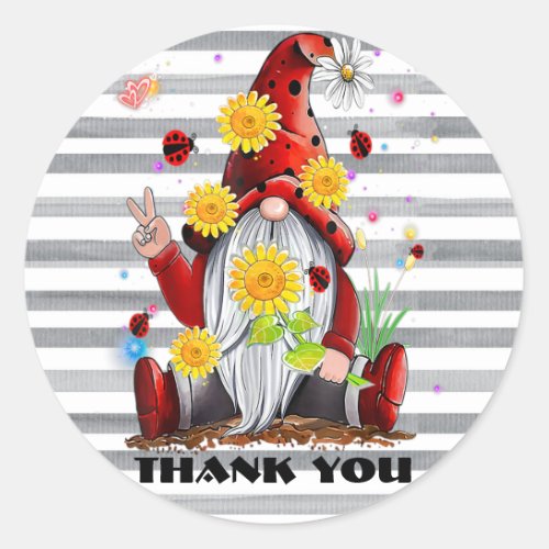 Cute Thank You Peace Flower Garden Gnome Classic Round Sticker