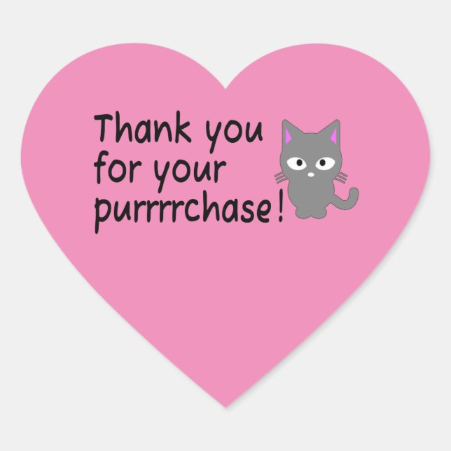 Cute Thank You pink sticker template with gray cat (Front)
