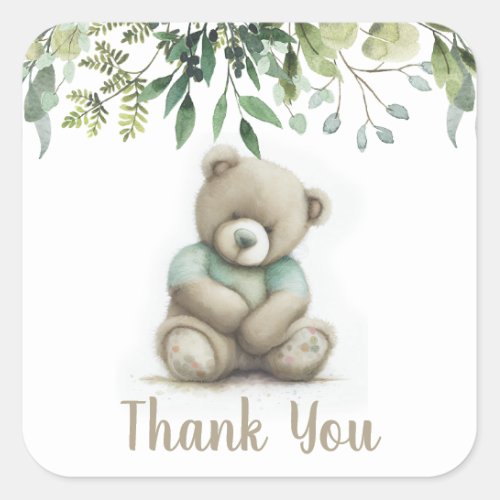 Cute Thank You Watercolor Teddy Bear Green Leaves Square Sticker