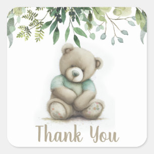 Cute Thank You Watercolor Teddy Bear Green Leaves Square Sticker
