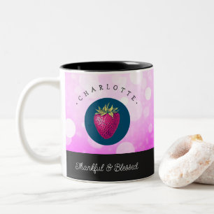 Cute Thankful and Blessed Strawberry Add Your Name Two-Tone Coffee Mug