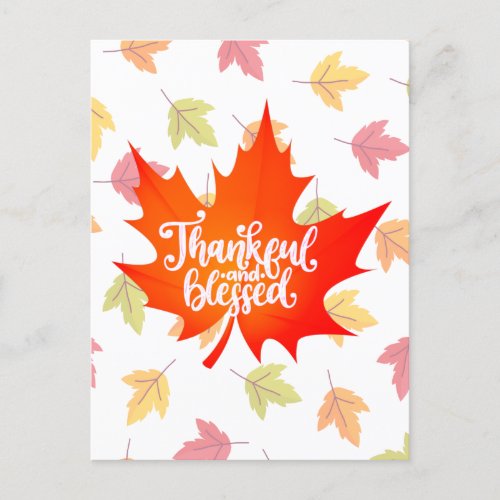 Cute Thankful and Blessed with Colorful Leaves Holiday Postcard