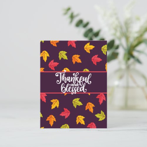 Cute Thankful and Blessed with Colorful Leaves  Holiday Postcard