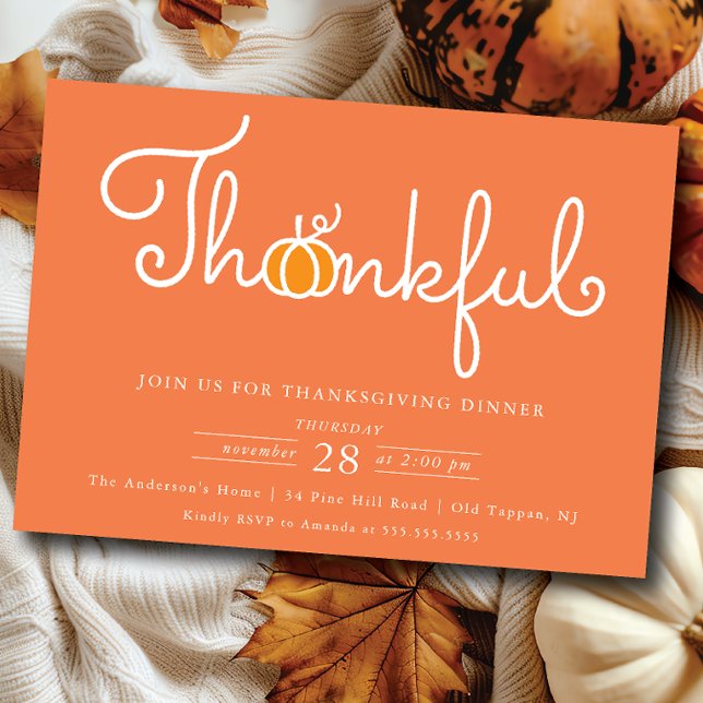 Cute Thankful Pumpkin Thanksgiving Dinner Invita Invitation (Creator Uploaded)