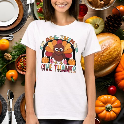 cute Thankful turkey Thanksgiving word art T_Shirt