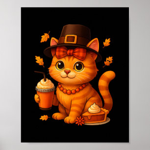 Cute Thanksgiving Cat Fall Pumpkin Pie Latte Autum Poster
