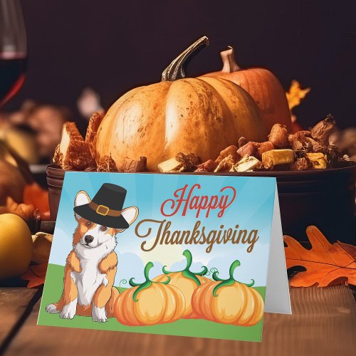 Cute Thanksgiving Corgi in Pilgrim Hat Card