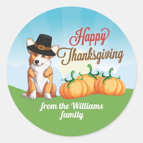 Cute Thanksgiving Corgi in Pilgrim Hat Custom Classic Round Sticker