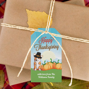 Cute Thanksgiving Corgi in Pilgrim Hat Custom Gift Tags