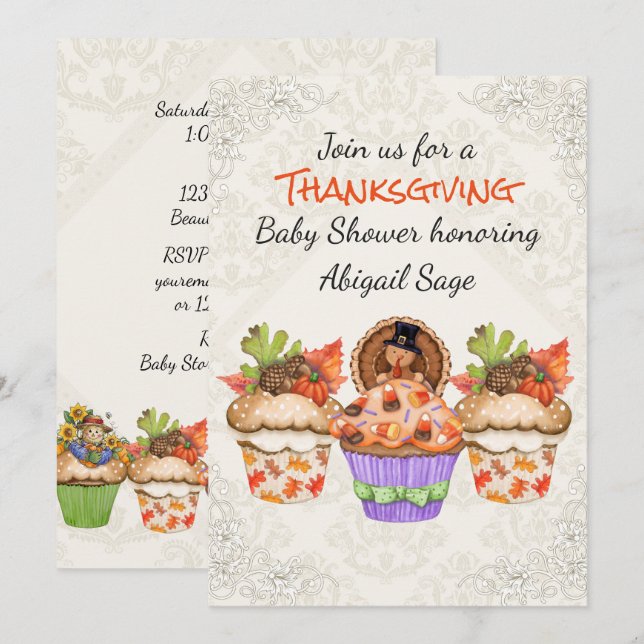 Cute Thanksgiving Cupcakes Baby Shower Invitation (Front/Back)