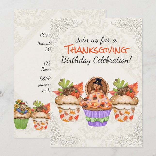 Cute Thanksgiving Cupcakes Birthday Invitation (Front/Back)