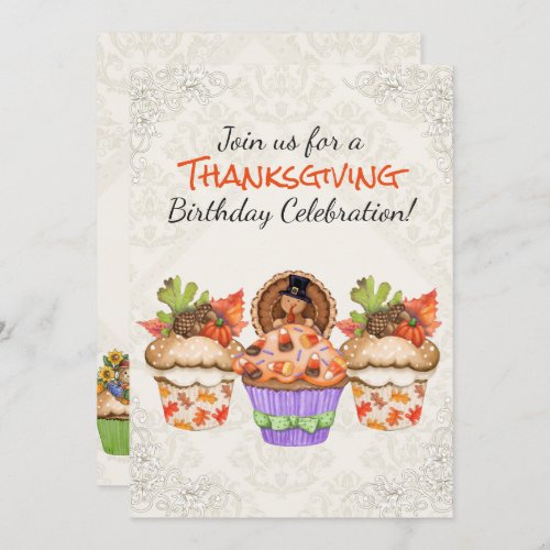 Cute Thanksgiving Cupcakes Birthday Invitation