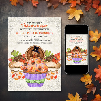 Cute Thanksgiving Cupcakes Holiday Birthday Invitation by TheCutieCollection at Zazzle