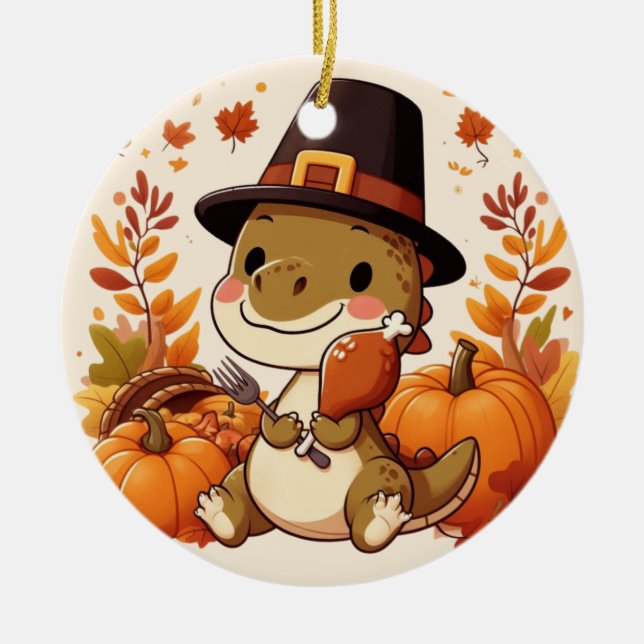 Cute Thanksgiving Dinosaur Ceramic Ornament (Front)