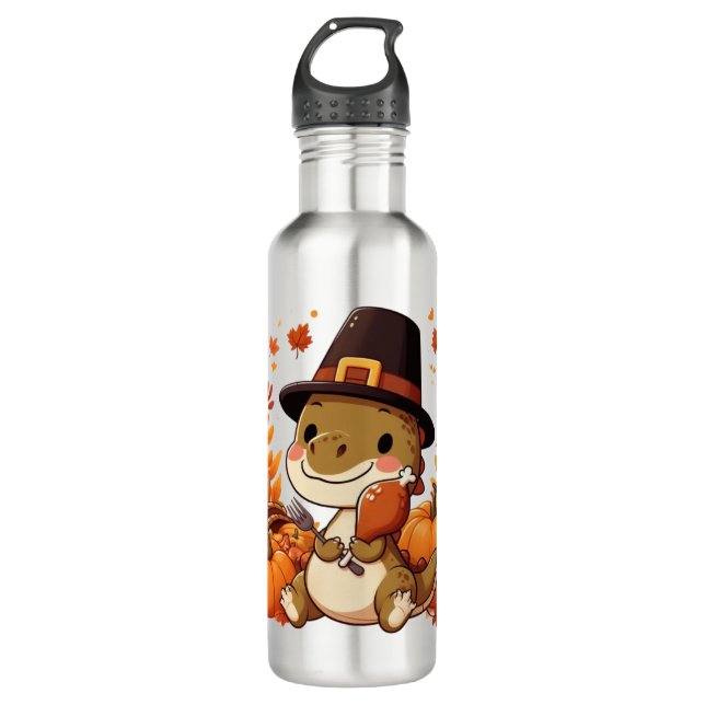Cute Thanksgiving Dinosaur Stainless Steel Water Bottle (Front)
