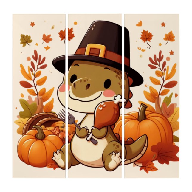 Cute Thanksgiving Dinosaur Triptych (Front)