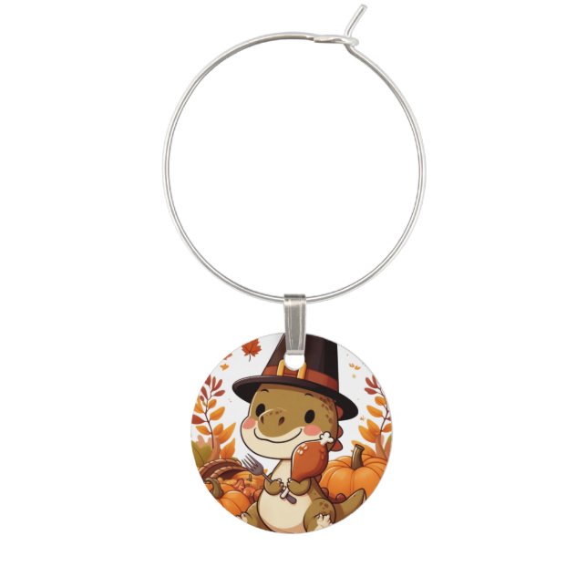 Cute Thanksgiving Dinosaur Wine Charm (Front)