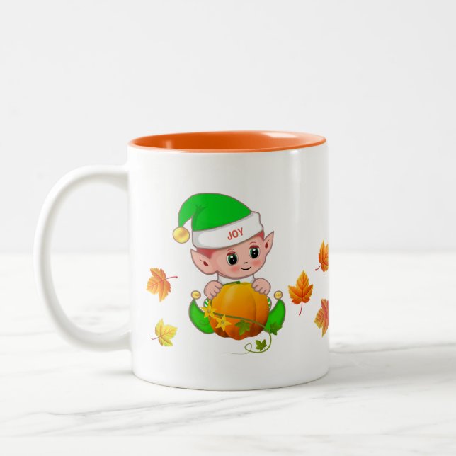 Cute Thanksgiving Elf with Pumpkin & Fall Leaves Two-Tone Coffee Mug (Left)
