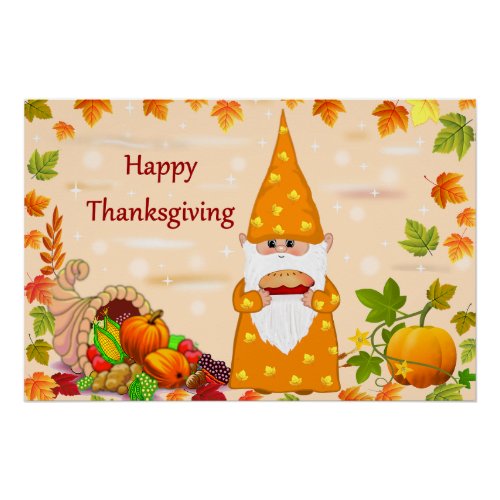 Cute Thanksgiving Gnome  Horn of Plenty Poster