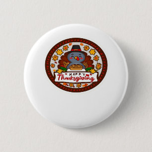 Cute Thanksgiving Gnome with Turkey Illustration C Button