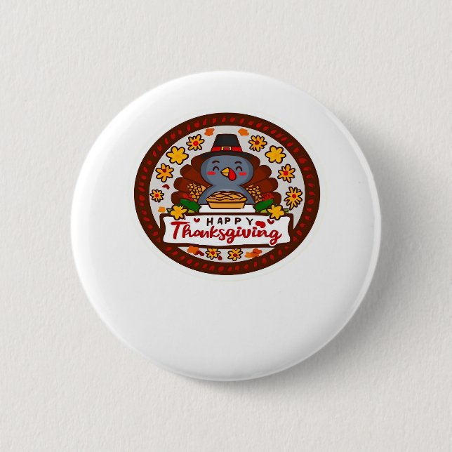 Cute Thanksgiving Gnome with Turkey Illustration C Button (Front)