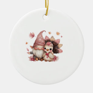 Cute Thanksgiving Gnome with Turkey Illustration C Ceramic Ornament