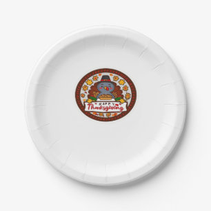 Cute Thanksgiving Gnome with Turkey Illustration C Paper Plates