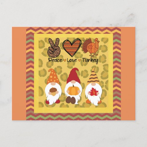 Cute Thanksgiving Gnomes Peace Love Turkey Postcard