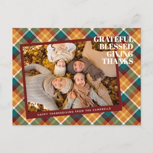 Cute Thanksgiving Greeting On Plaid Holiday Card