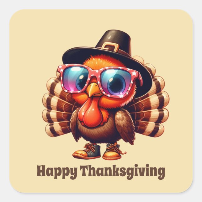 Cute Thanksgiving Holiday turkey customizable Square Sticker (Front)