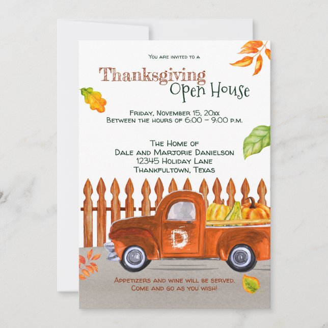 Cute Thanksgiving Orange Truck Pumpkins Open House Invitation (Front)