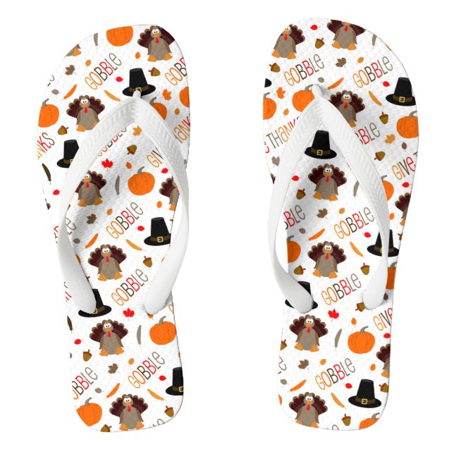 Cute Thanksgiving Pattern Gobble Give Thanks Flip Flops (Footbed)