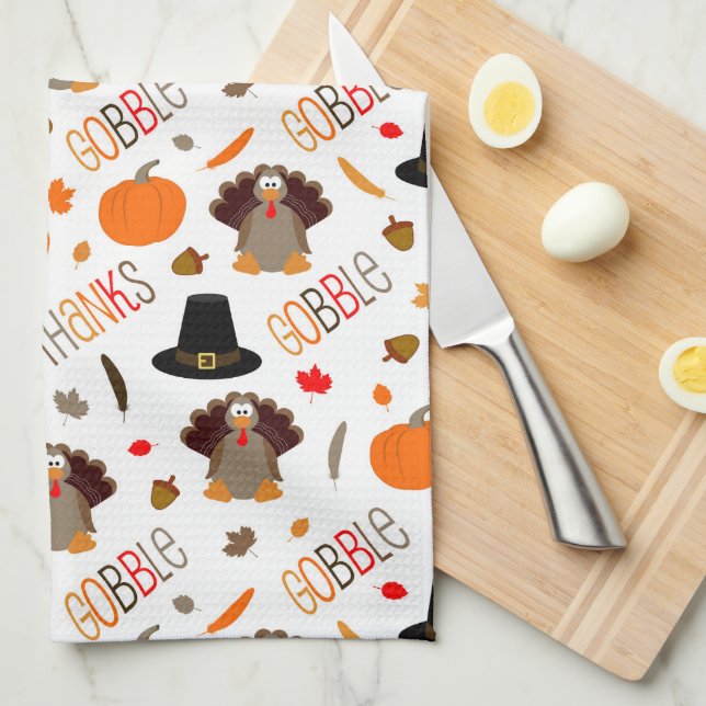 Cute Thanksgiving Pattern Gobble Give Thanks Kitchen Towel (Quarter Fold)