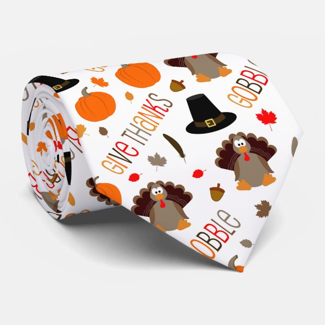 Cute Thanksgiving Pattern Gobble Give Thanks Neck Tie (Rolled)