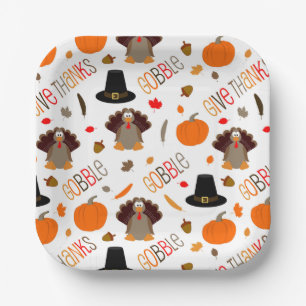 Cute Thanksgiving Pattern Gobble Give Thanks Paper Plates