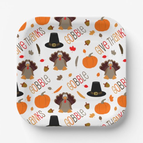 Cute Thanksgiving Pattern Gobble Give Thanks Paper Plates