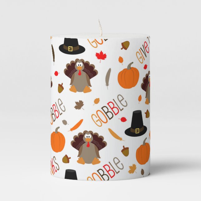 Cute Thanksgiving Pattern Gobble Give Thanks Pillar Candle (Front)