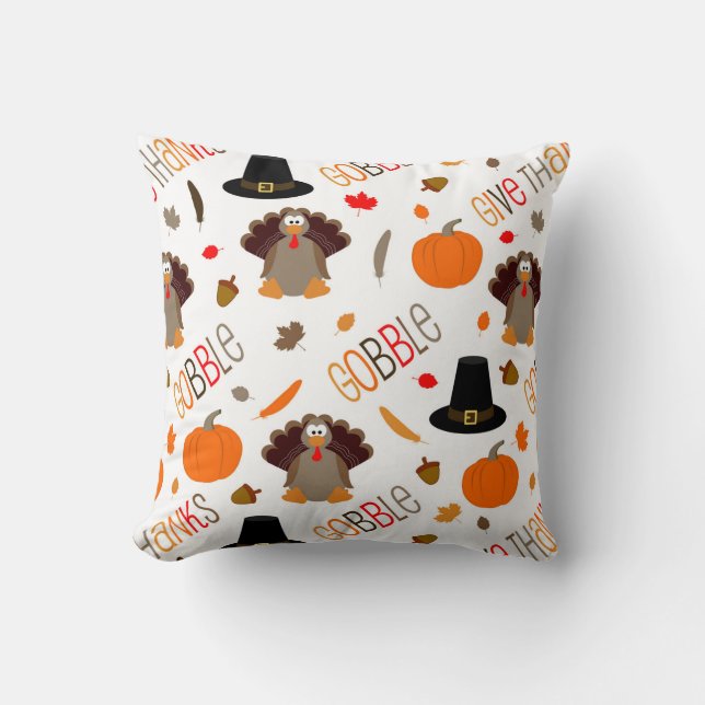 Cute Thanksgiving Pattern Gobble Give Thanks Throw Pillow (Front)