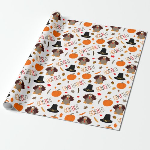 Cute Thanksgiving Pattern Gobble Give Thanks Wrapping Paper