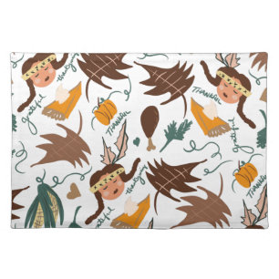 Cute Thanksgiving Pilgrim Girl Fall Greenery Cloth Placemat