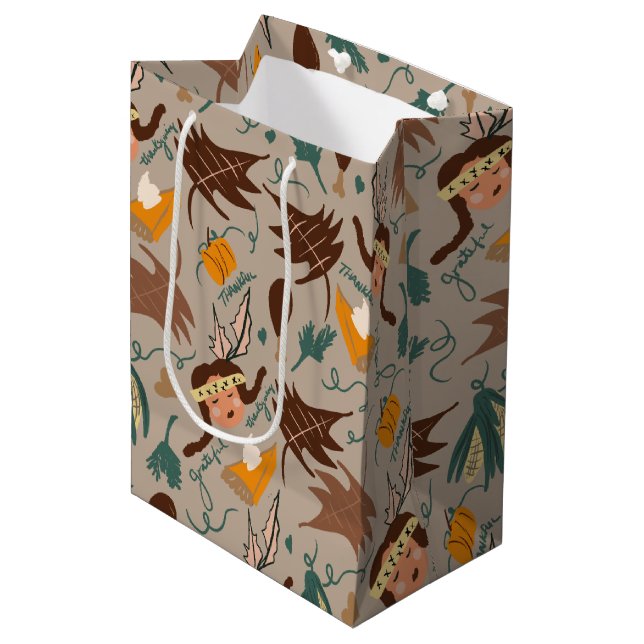 Cute Thanksgiving Pilgrim Girl Fall Greenery  Medi Medium Gift Bag (Front Angled)